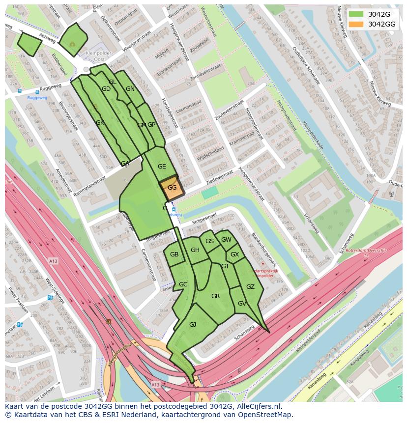 Afbeelding van het postcodegebied 3042 GG op de kaart.