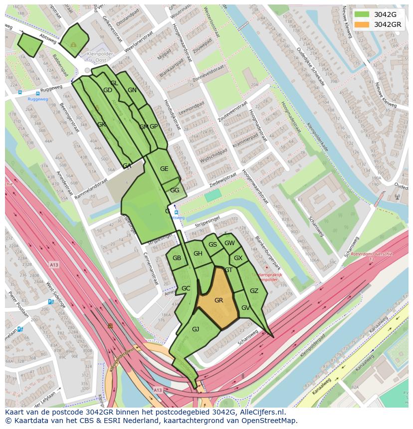 Afbeelding van het postcodegebied 3042 GR op de kaart.