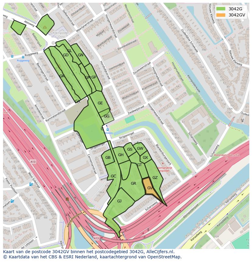 Afbeelding van het postcodegebied 3042 GV op de kaart.