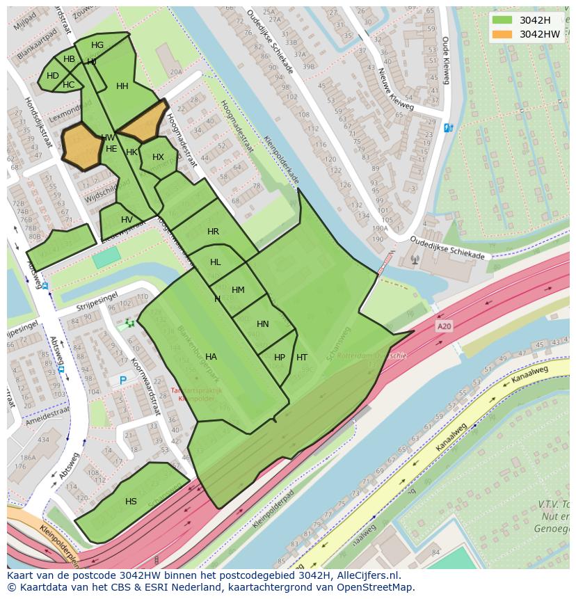 Afbeelding van het postcodegebied 3042 HW op de kaart.