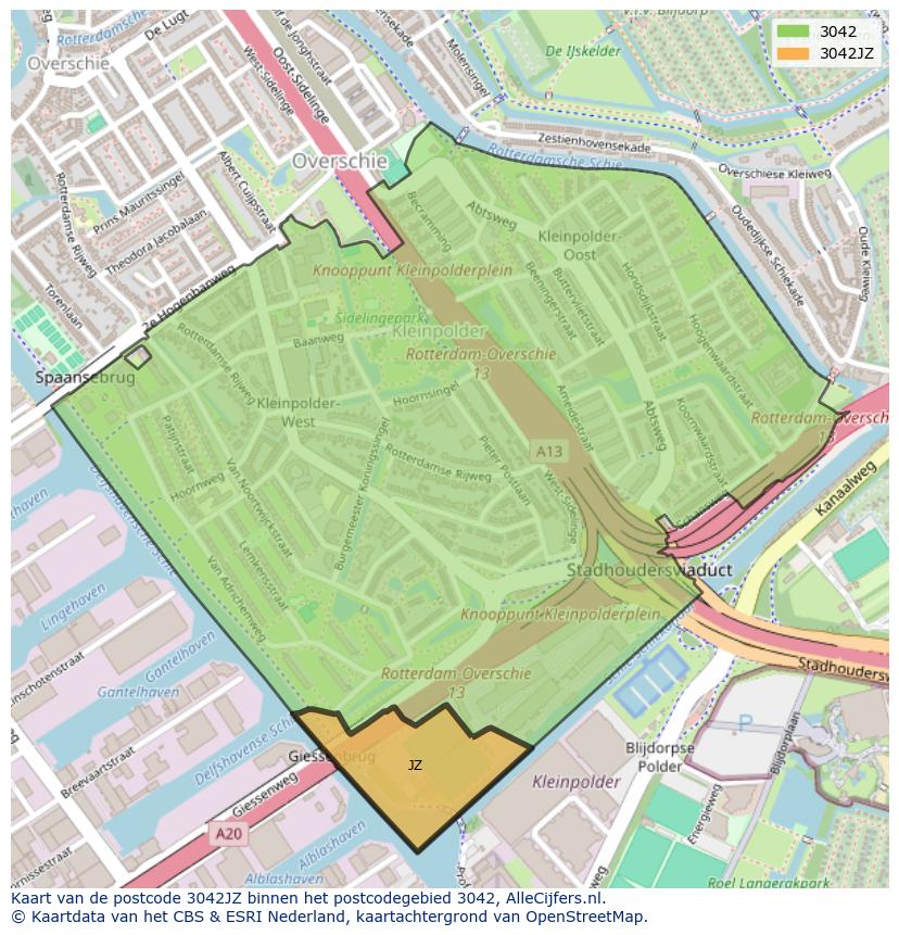 Afbeelding van het postcodegebied 3042 JZ op de kaart.