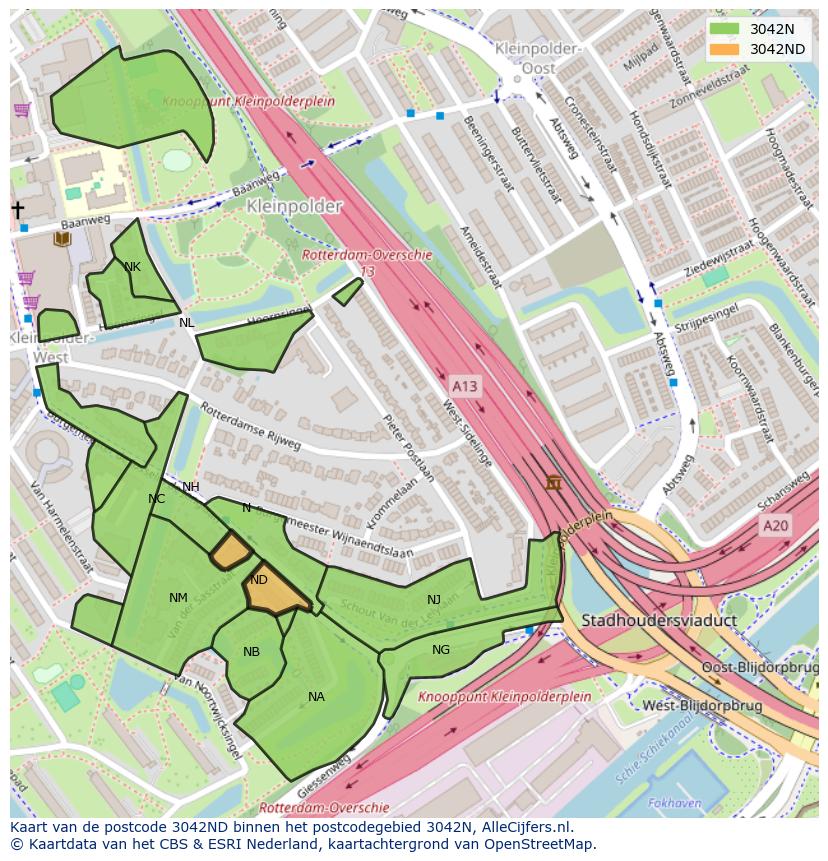 Afbeelding van het postcodegebied 3042 ND op de kaart.