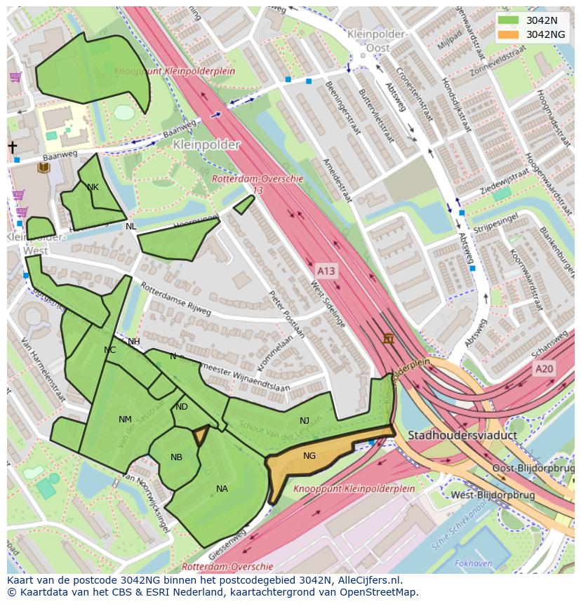 Afbeelding van het postcodegebied 3042 NG op de kaart.
