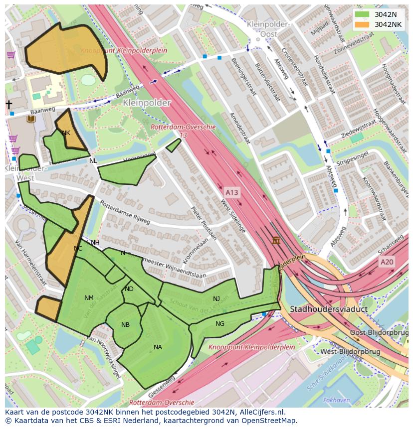 Afbeelding van het postcodegebied 3042 NK op de kaart.
