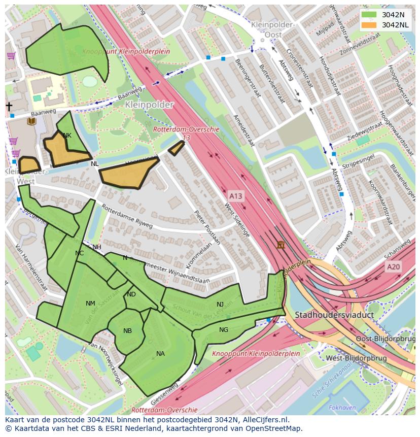 Afbeelding van het postcodegebied 3042 NL op de kaart.