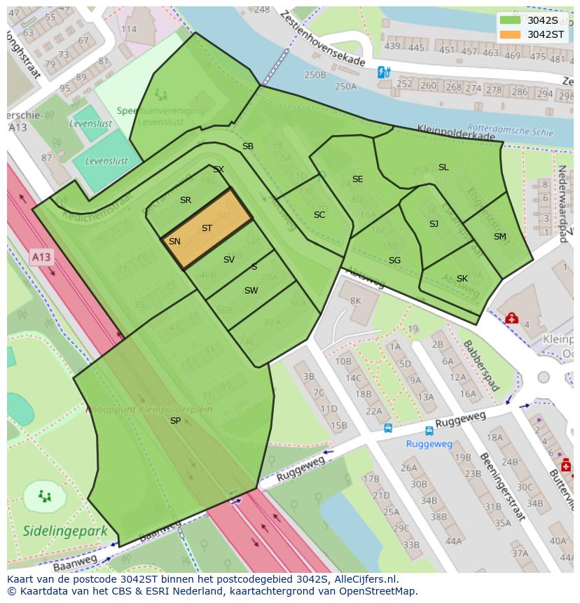 Afbeelding van het postcodegebied 3042 ST op de kaart.