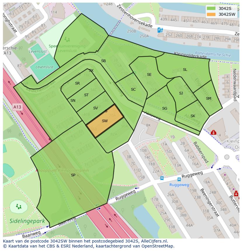 Afbeelding van het postcodegebied 3042 SW op de kaart.