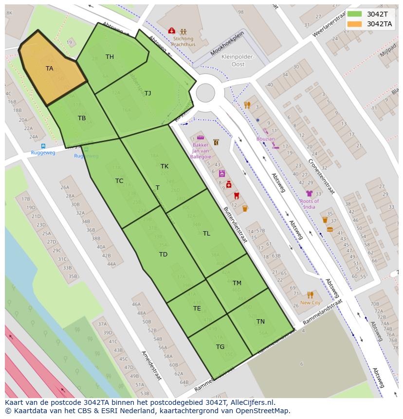 Afbeelding van het postcodegebied 3042 TA op de kaart.