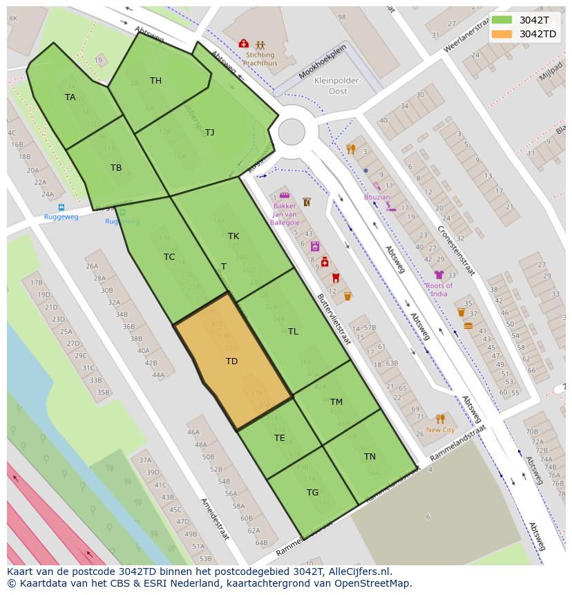 Afbeelding van het postcodegebied 3042 TD op de kaart.