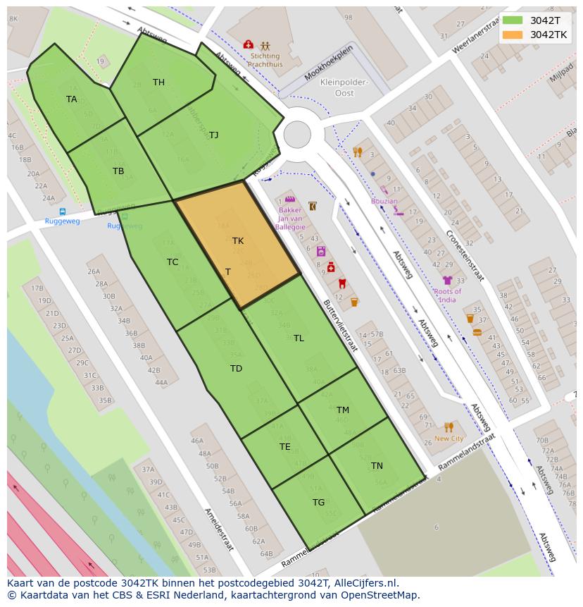 Afbeelding van het postcodegebied 3042 TK op de kaart.
