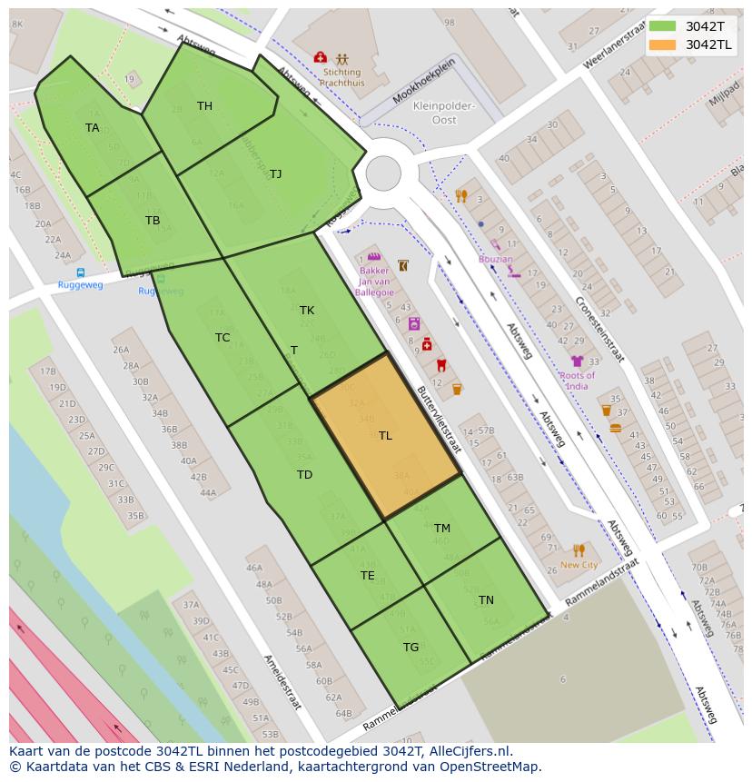 Afbeelding van het postcodegebied 3042 TL op de kaart.