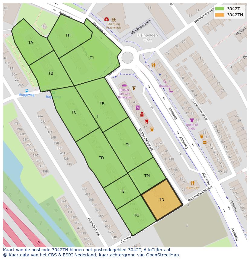 Afbeelding van het postcodegebied 3042 TN op de kaart.