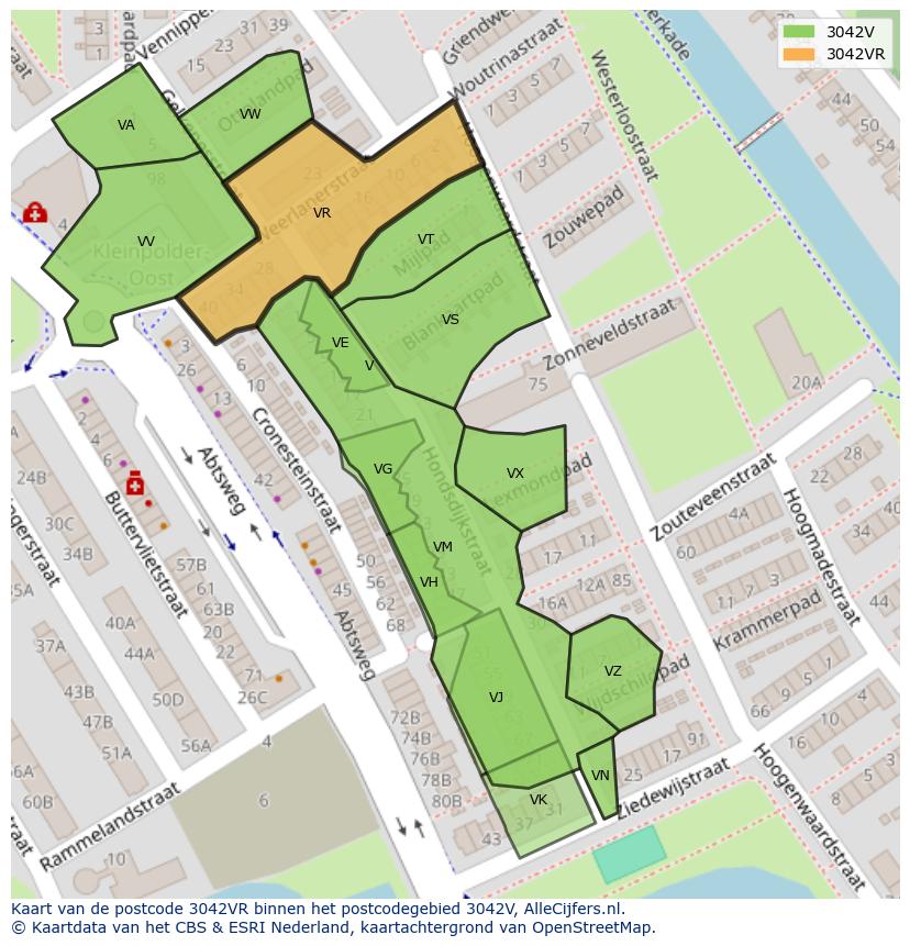 Afbeelding van het postcodegebied 3042 VR op de kaart.