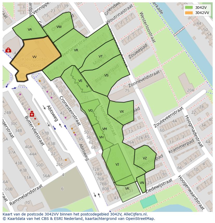 Afbeelding van het postcodegebied 3042 VV op de kaart.