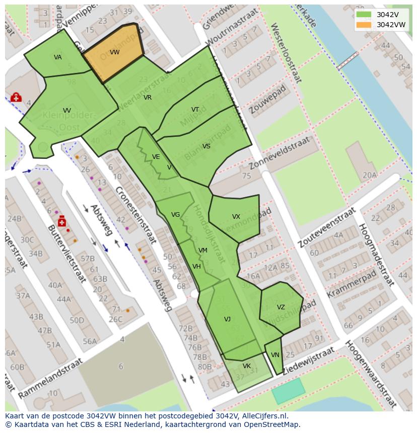 Afbeelding van het postcodegebied 3042 VW op de kaart.