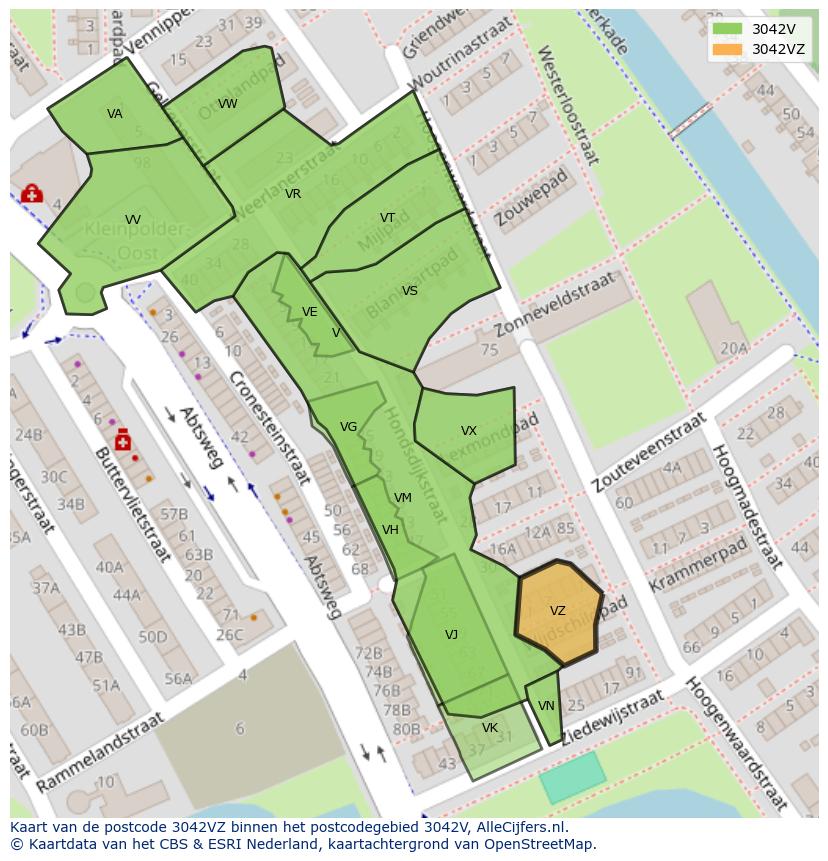 Afbeelding van het postcodegebied 3042 VZ op de kaart.