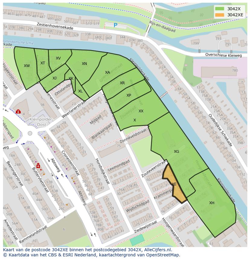 Afbeelding van het postcodegebied 3042 XE op de kaart.