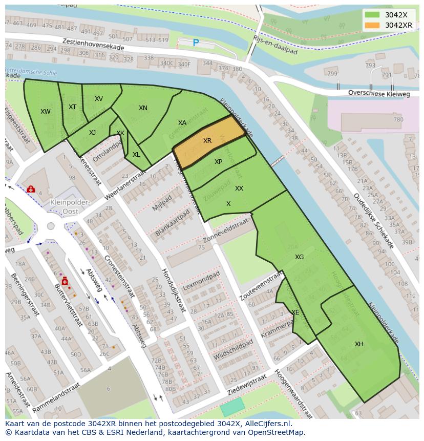 Afbeelding van het postcodegebied 3042 XR op de kaart.