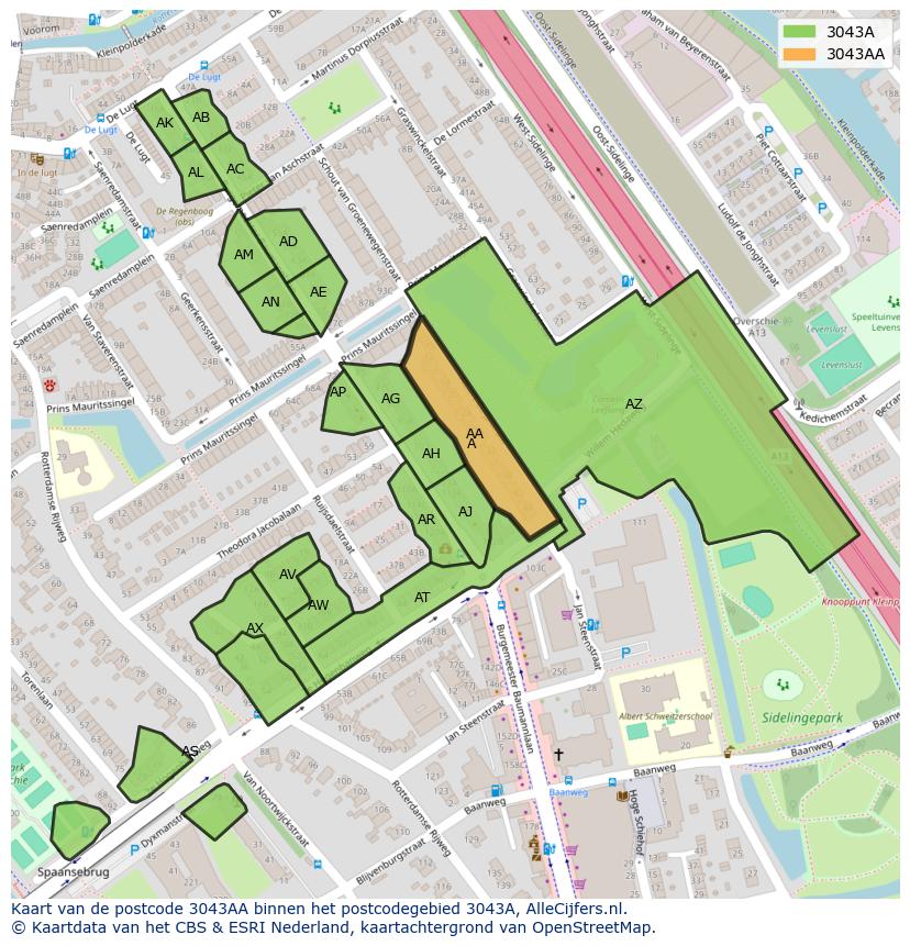 Afbeelding van het postcodegebied 3043 AA op de kaart.