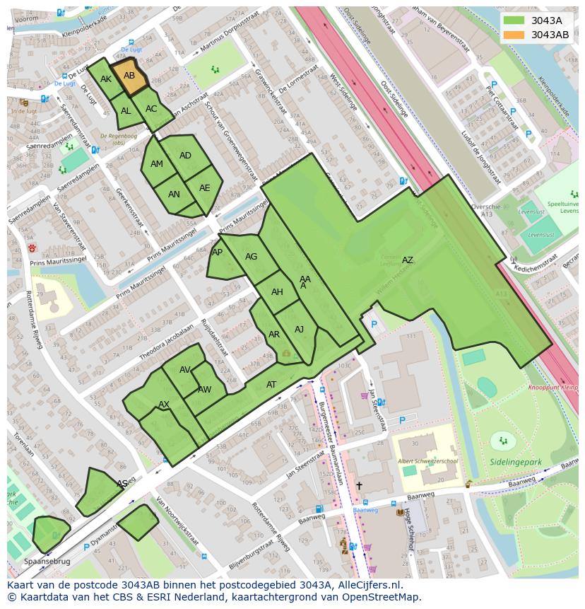 Afbeelding van het postcodegebied 3043 AB op de kaart.