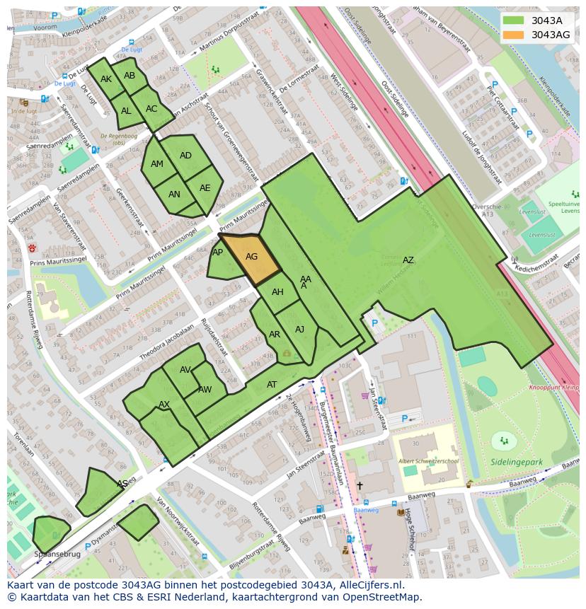 Afbeelding van het postcodegebied 3043 AG op de kaart.