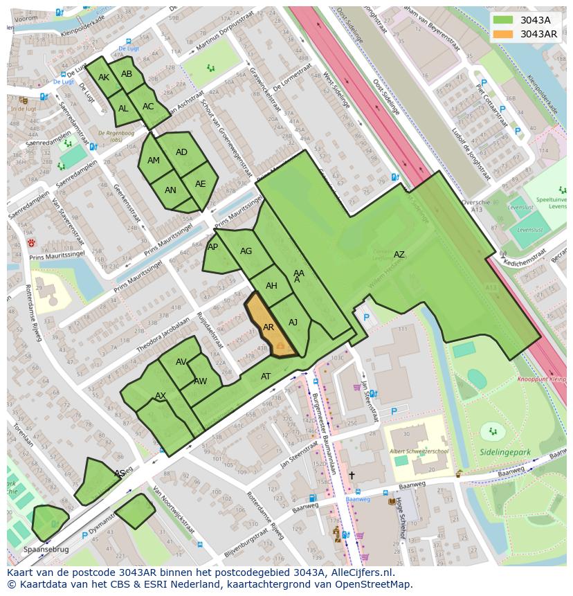 Afbeelding van het postcodegebied 3043 AR op de kaart.