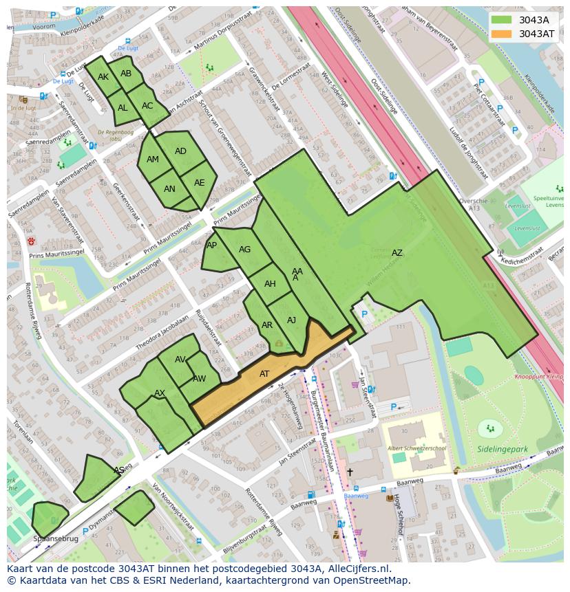 Afbeelding van het postcodegebied 3043 AT op de kaart.