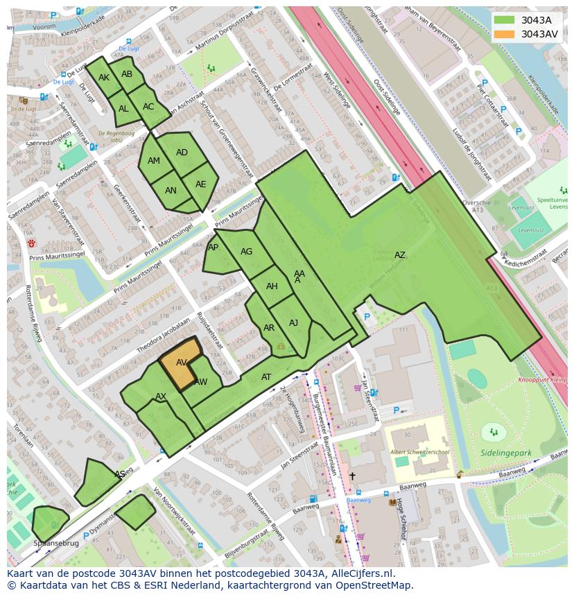 Afbeelding van het postcodegebied 3043 AV op de kaart.