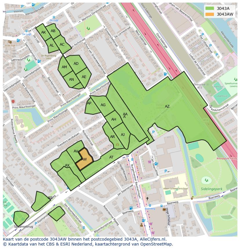 Afbeelding van het postcodegebied 3043 AW op de kaart.