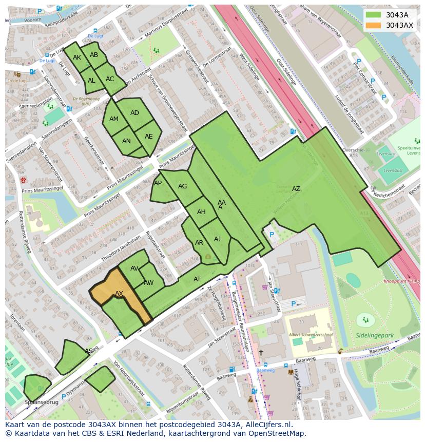 Afbeelding van het postcodegebied 3043 AX op de kaart.