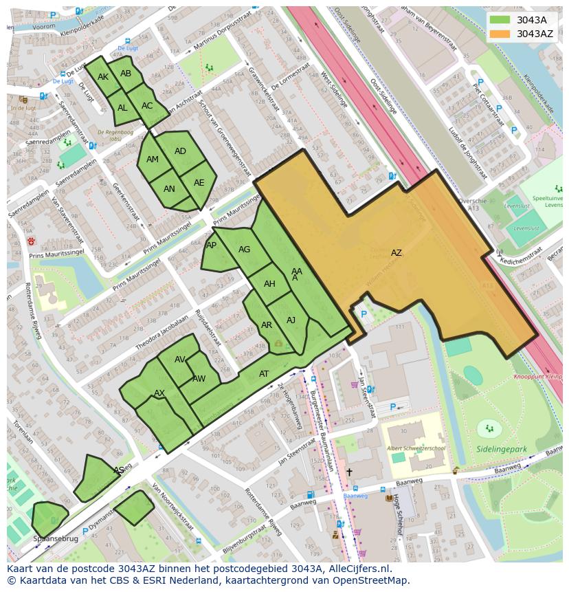 Afbeelding van het postcodegebied 3043 AZ op de kaart.