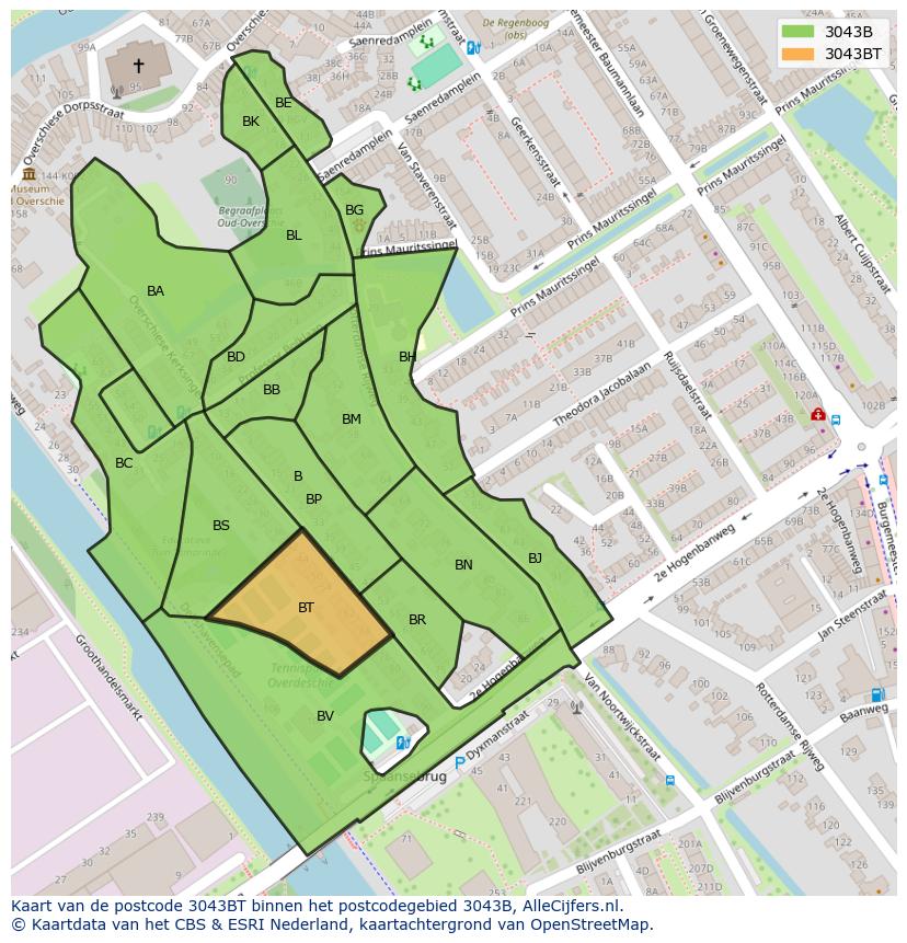 Afbeelding van het postcodegebied 3043 BT op de kaart.