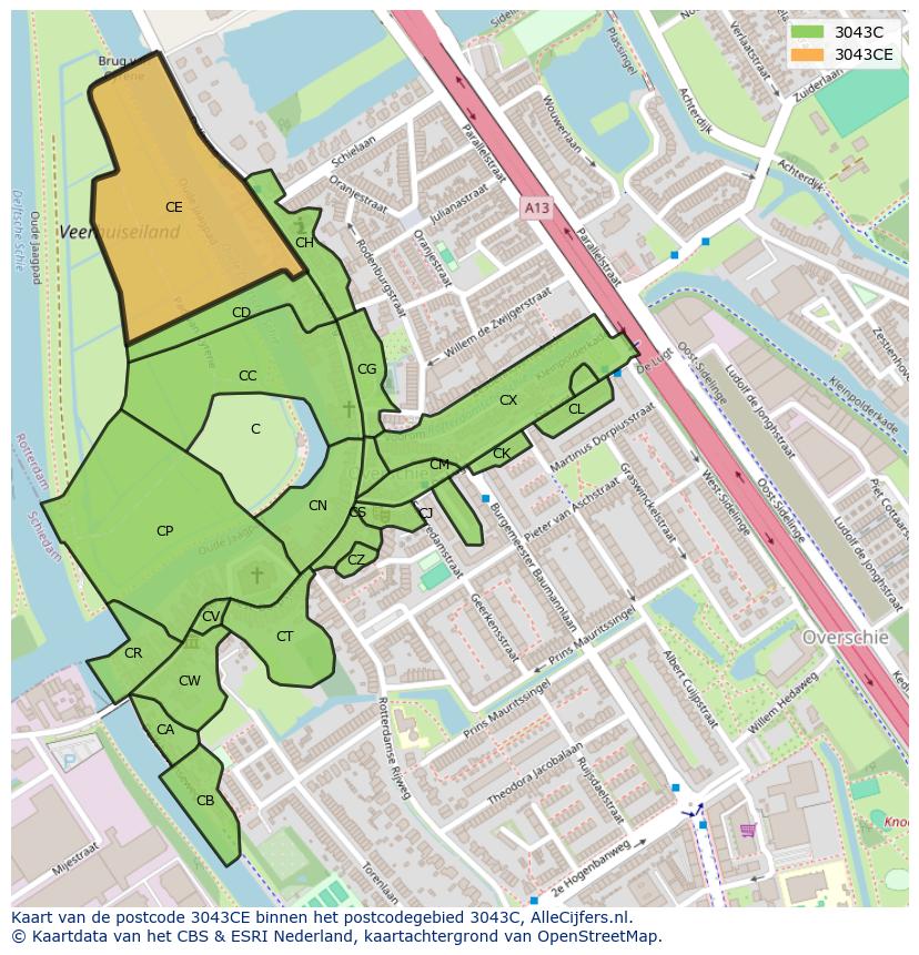 Afbeelding van het postcodegebied 3043 CE op de kaart.