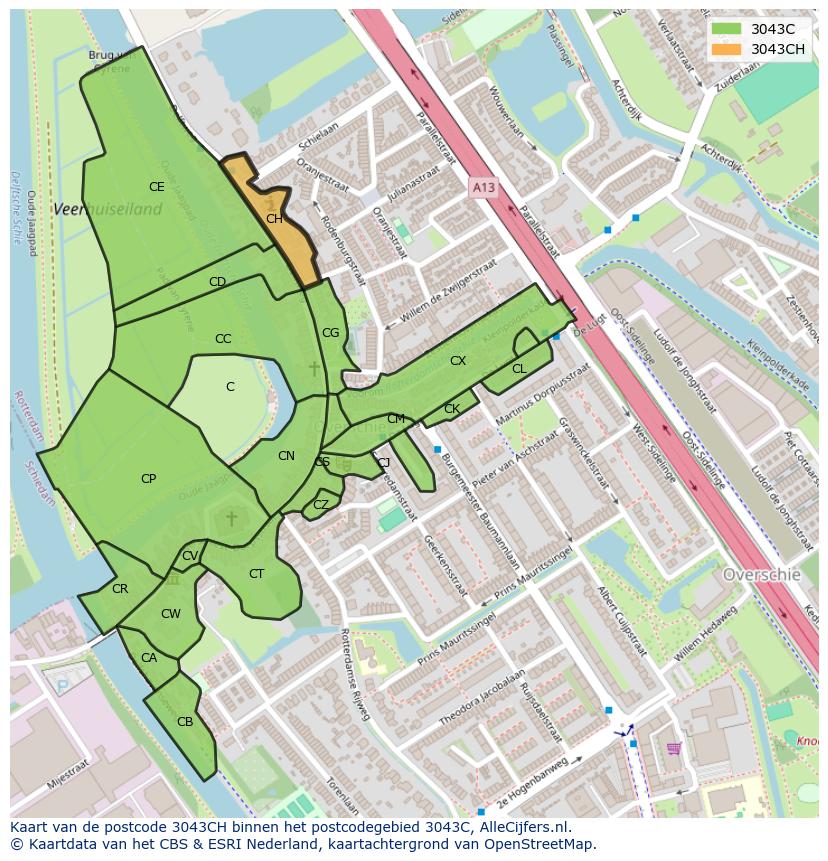 Afbeelding van het postcodegebied 3043 CH op de kaart.