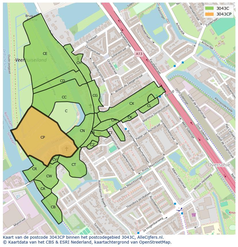 Afbeelding van het postcodegebied 3043 CP op de kaart.