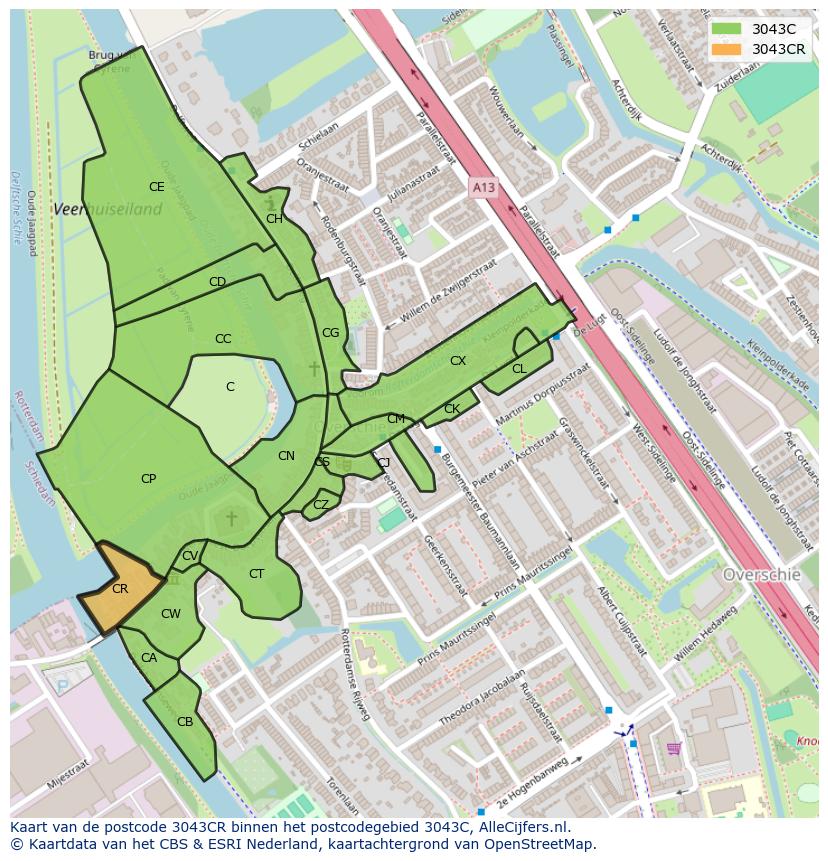 Afbeelding van het postcodegebied 3043 CR op de kaart.