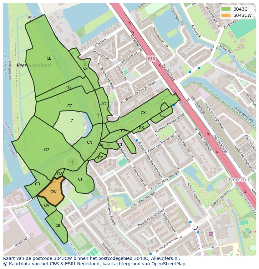 Afbeelding van het postcodegebied 3043 CW op de kaart.