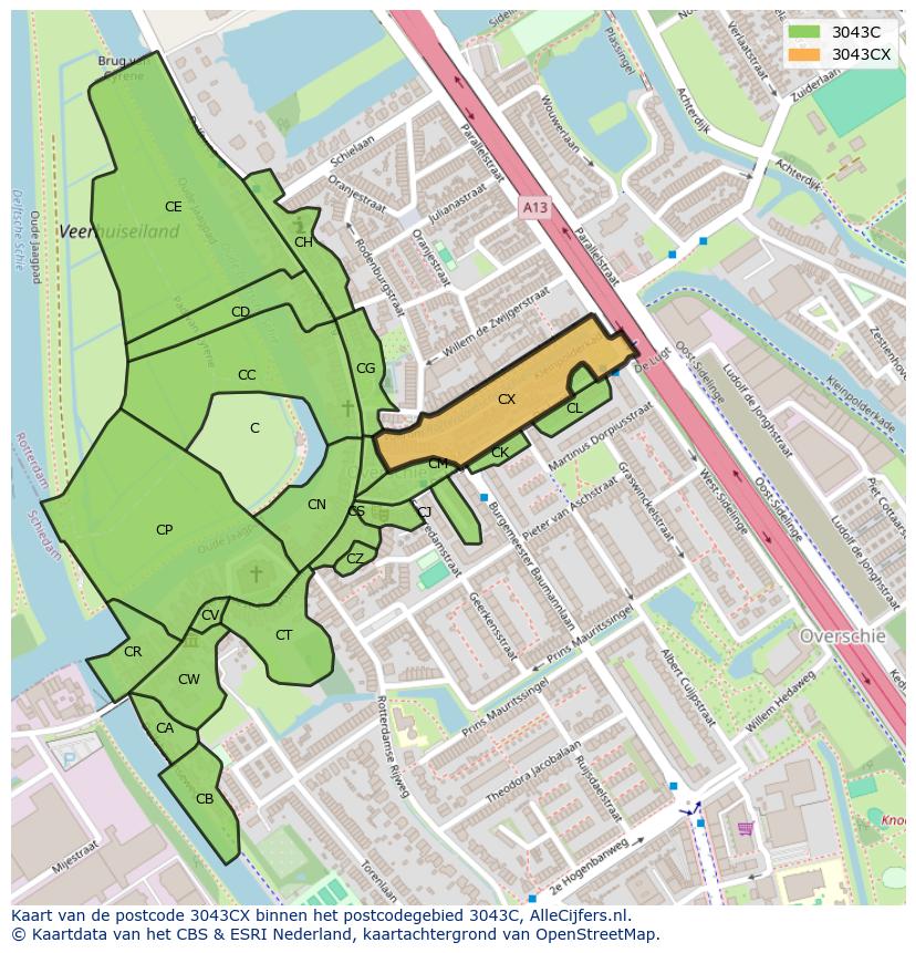 Afbeelding van het postcodegebied 3043 CX op de kaart.