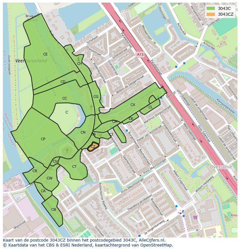 Afbeelding van het postcodegebied 3043 CZ op de kaart.
