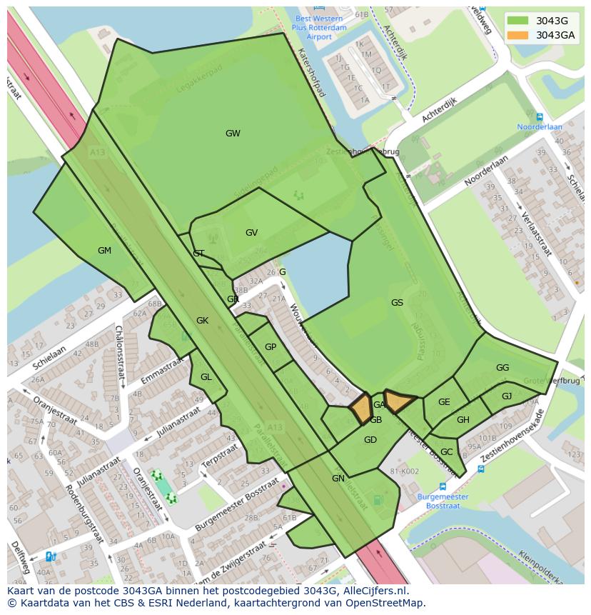 Afbeelding van het postcodegebied 3043 GA op de kaart.