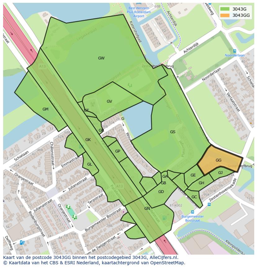 Afbeelding van het postcodegebied 3043 GG op de kaart.