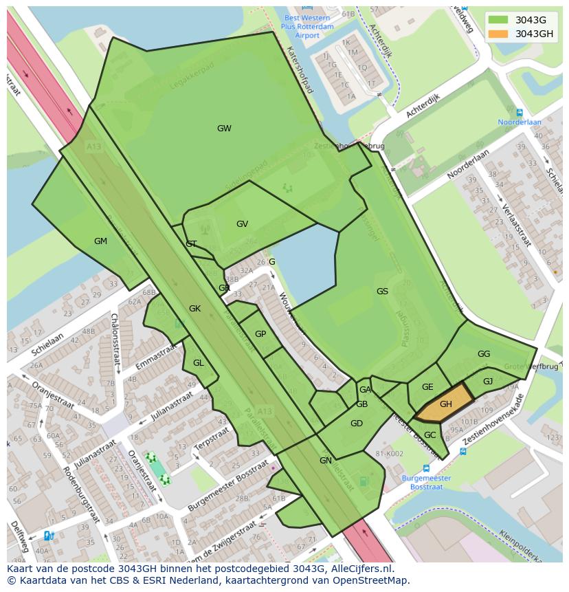 Afbeelding van het postcodegebied 3043 GH op de kaart.