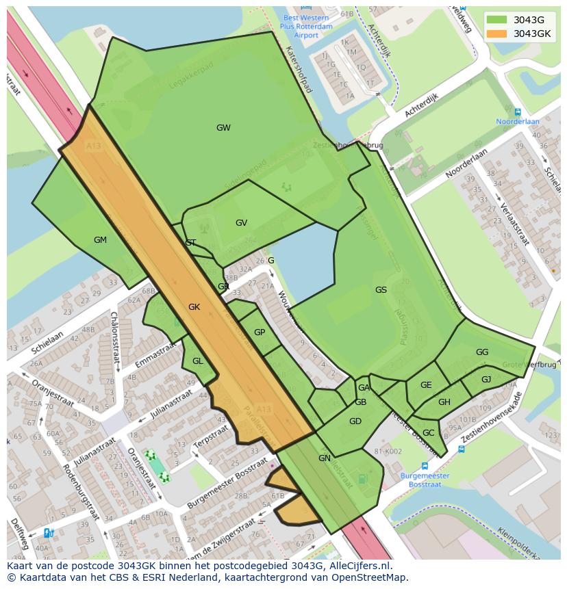 Afbeelding van het postcodegebied 3043 GK op de kaart.