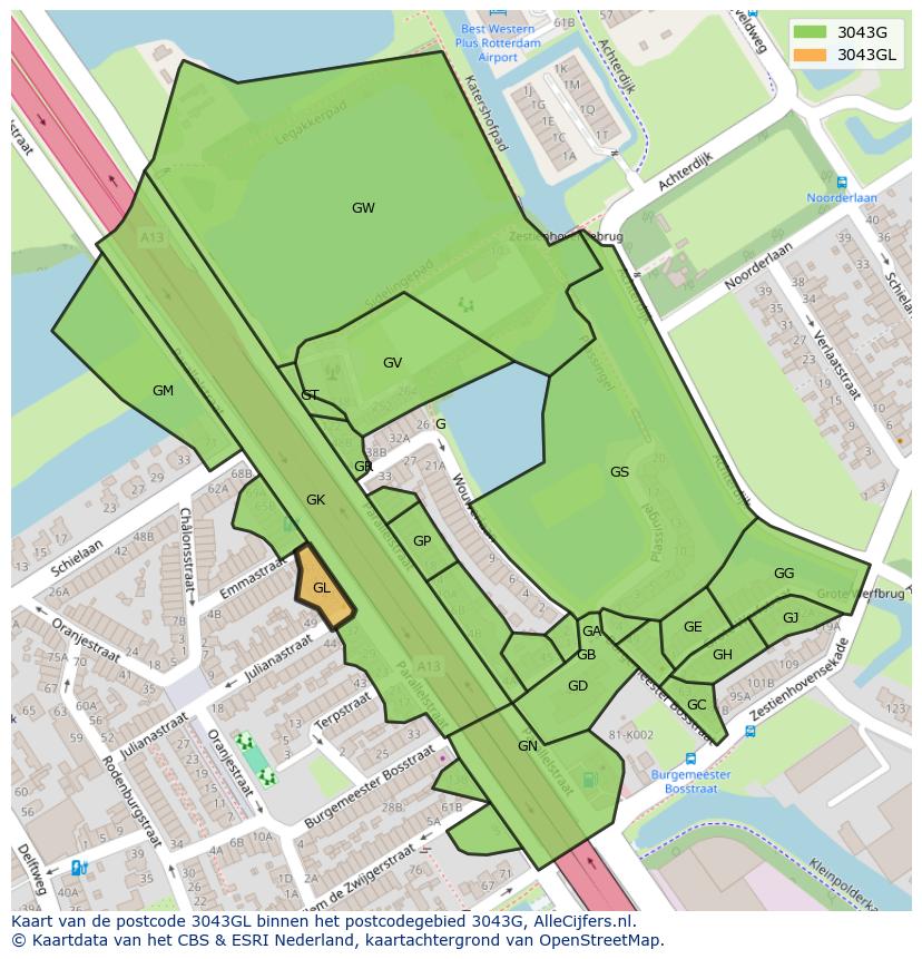 Afbeelding van het postcodegebied 3043 GL op de kaart.