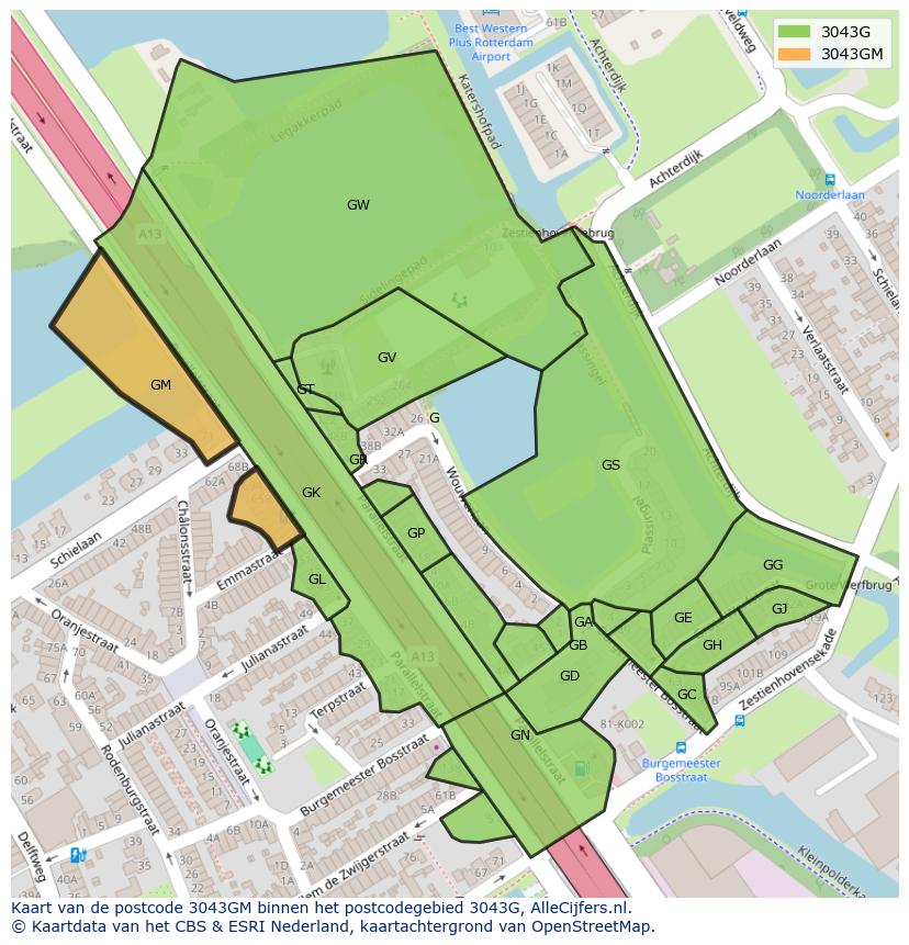 Afbeelding van het postcodegebied 3043 GM op de kaart.