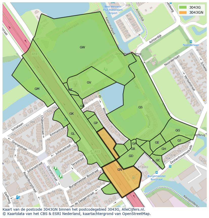 Afbeelding van het postcodegebied 3043 GN op de kaart.