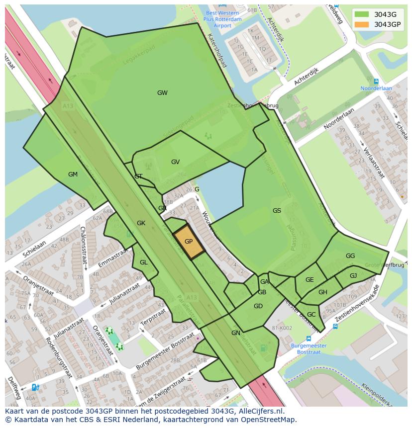 Afbeelding van het postcodegebied 3043 GP op de kaart.
