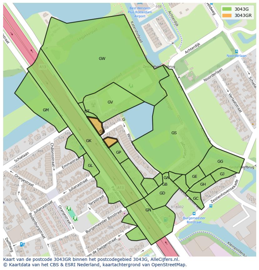 Afbeelding van het postcodegebied 3043 GR op de kaart.