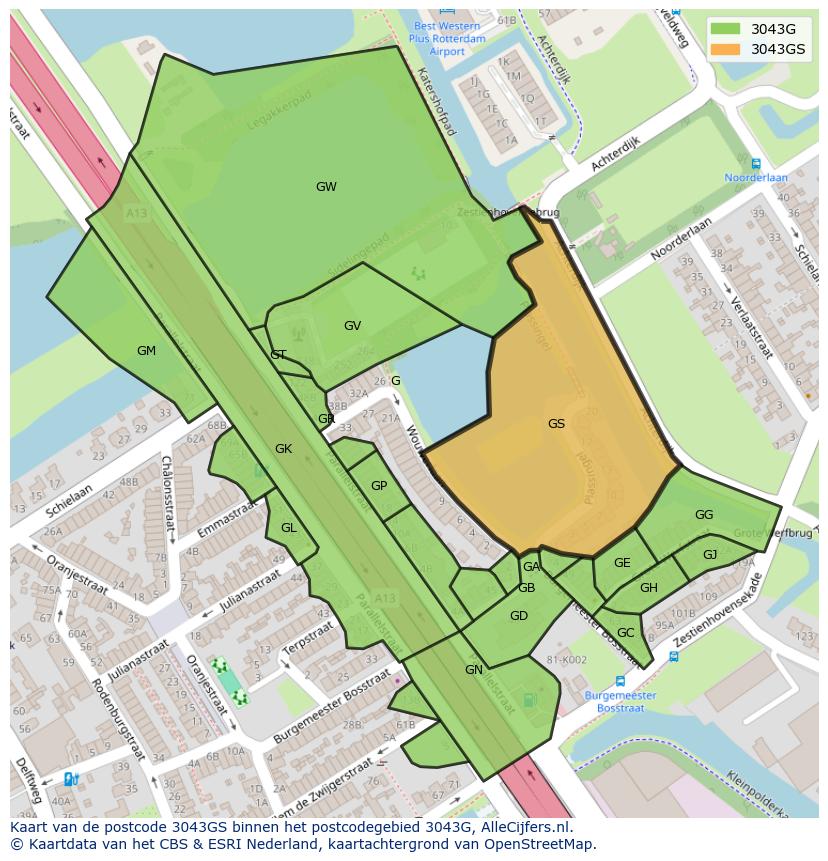 Afbeelding van het postcodegebied 3043 GS op de kaart.