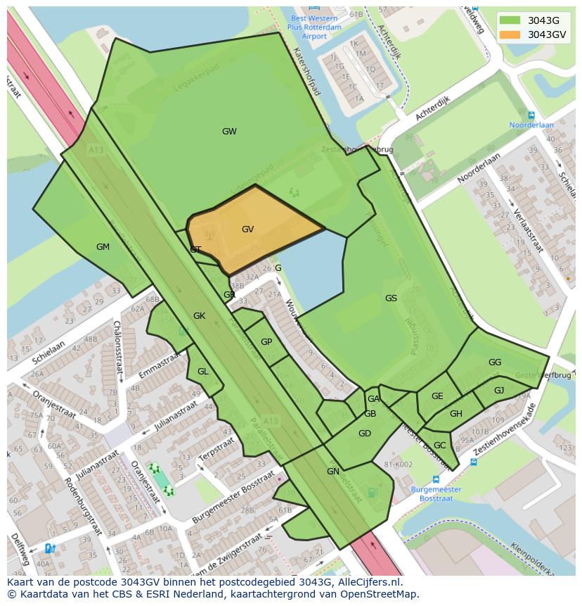 Afbeelding van het postcodegebied 3043 GV op de kaart.